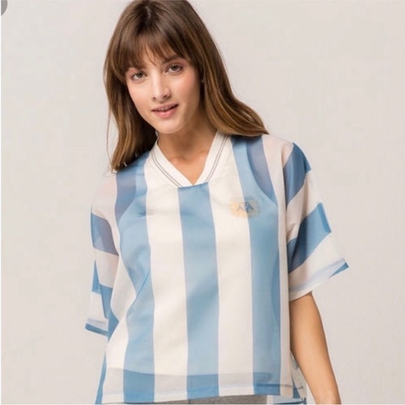 adidas Women's Light Blue and White Striped Top, S - Picture 1 of 11
